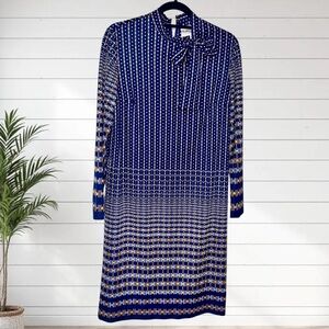 VTG McMullen Shift Dress Polka Dot Neck Tie Blue Gold Mod Retro 16 | 10